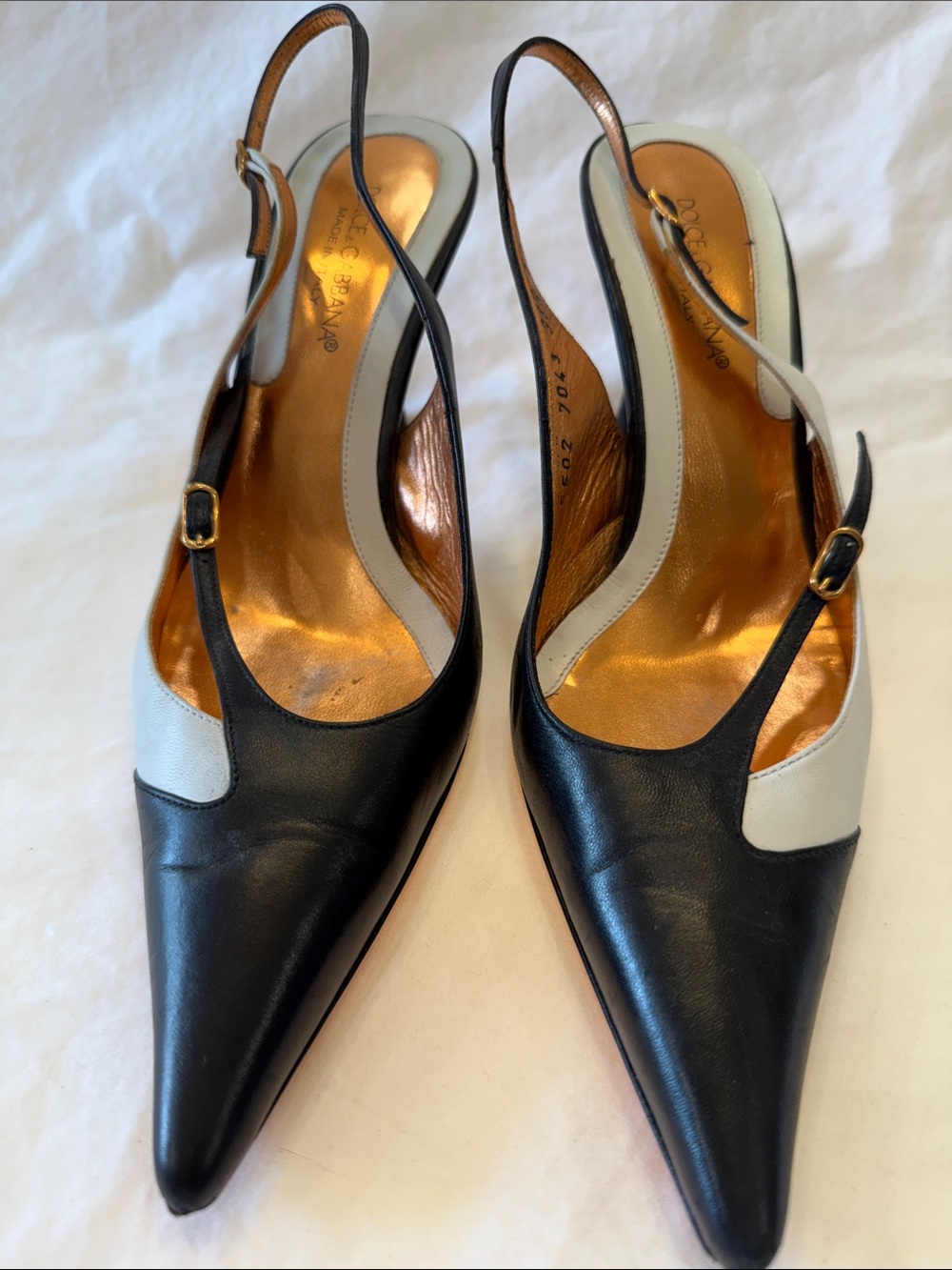 Dolce & Gabbana Black & White Leather Pointed Slingback Heels